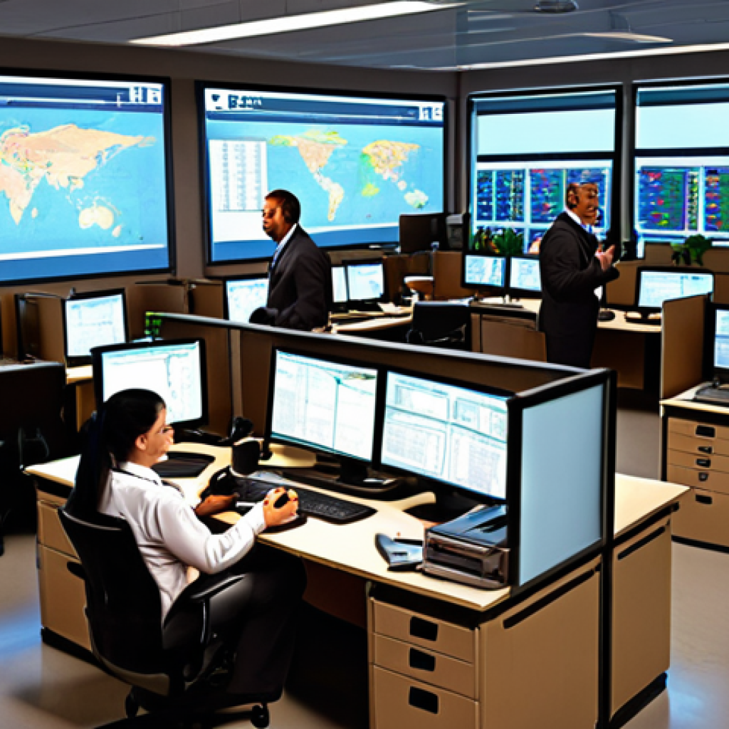 **Bustling Logistics Office - Early Morning:** Capture the energy of a logistics office at dawn. Include ringing phones, glowing computer screens displaying shipment details, and people actively working. Focus on details like maps, shipping labels, and a sense of global connection.