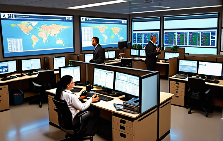 **Bustling Logistics Office - Early Morning:** Capture the energy of a logistics office at dawn. Include ringing phones, glowing computer screens displaying shipment details, and people actively working. Focus on details like maps, shipping labels, and a sense of global connection.