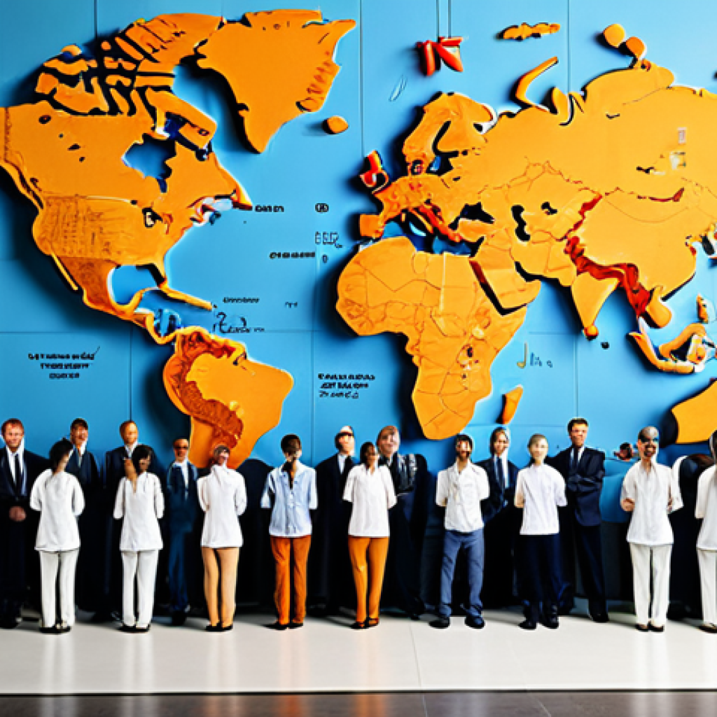 ** A diverse group of logistics professionals from different countries collaborating around a world map overlaid with shipping routes, symbolizing global trade and the importance of international logistics expertise. The scene should convey professionalism, teamwork, and the interconnectedness of the global logistics industry.

**