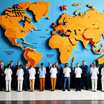 ** A diverse group of logistics professionals from different countries collaborating around a world map overlaid with shipping routes, symbolizing global trade and the importance of international logistics expertise. The scene should convey professionalism, teamwork, and the interconnectedness of the global logistics industry.

**