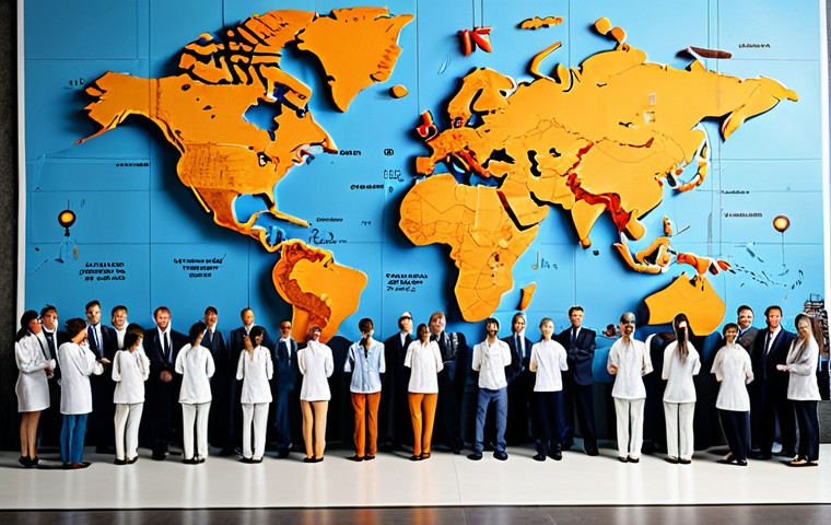 ** A diverse group of logistics professionals from different countries collaborating around a world map overlaid with shipping routes, symbolizing global trade and the importance of international logistics expertise. The scene should convey professionalism, teamwork, and the interconnectedness of the global logistics industry.
**