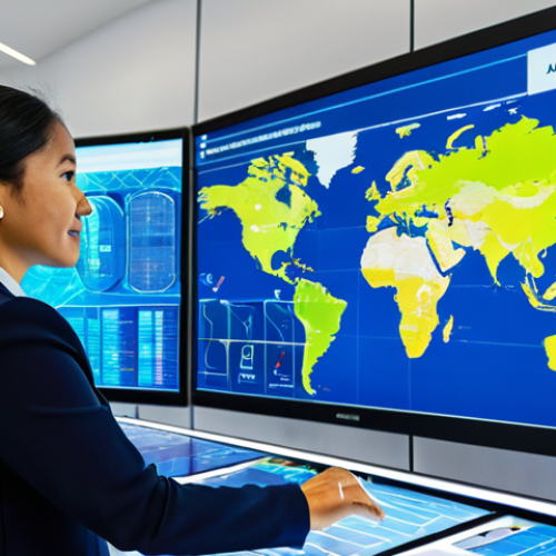Home 21 A diverse group of professional logistics experts, male and female, of various ethnicities, in modest business attire, are collaboratively managing a complex global supply chain network. They are standing in a modern, brightly lit command center filled with large holographic displays and interactive digital maps that show interconnected shipping routes across continents. AI-powered dashboards display real-time data on cargo movement, customs clearance, and predictive analytics. In the background, subtly visible are representations of cargo ships, planes, and trains symbolizing international trade. The overall scene emphasizes efficiency, global connectivity, and technological advancement, fully clothed, appropriate attire, professional dress, safe for work, appropriate content, family-friendly, perfect anatomy, correct proportions, natural pose, well-formed hands, proper finger count, natural body proportions.