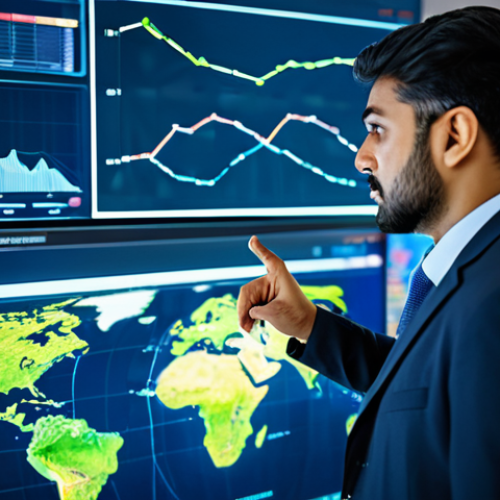 Home 20 A professional male logistics manager, of Pakistani descent, in a modest business suit, standing in a modern, brightly lit global logistics control center. He is looking at a large, interactive holographic display showing real-time global shipping routes, data analytics, and AI-driven predictive insights. The background features subtle digital elements indicating advanced technology and efficient operations, with a blurred representation of global connectivity. The scene conveys innovation and a seamless, high-tech approach to international trade. safe for work, appropriate content, fully clothed, professional dress, perfect anatomy, correct proportions, natural pose, well-formed hands, proper finger count, natural body proportions, high-quality digital illustration, cinematic lighting.