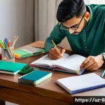 국제물류사 실기시험 준비 팁 - A focused young South Asian student sitting at a wooden study desk in a cozy, well-lit room decorate...