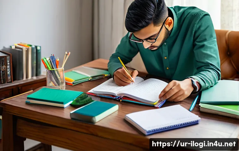 국제물류사 실기시험 준비 팁 - A focused young South Asian student sitting at a wooden study desk in a cozy, well-lit room decorate...