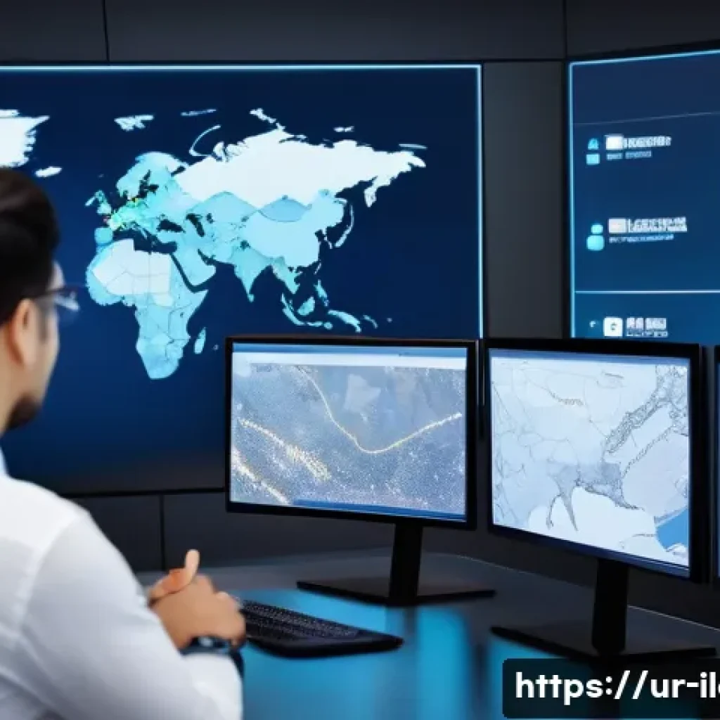 국제물류사에게 필요한 IT 기술 - A high-tech international logistics control room scene showing a diverse team of professionals monit...