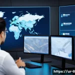 Home 22 국제물류사에게 필요한 IT 기술 - A high-tech international logistics control room scene showing a diverse team of professionals monit...