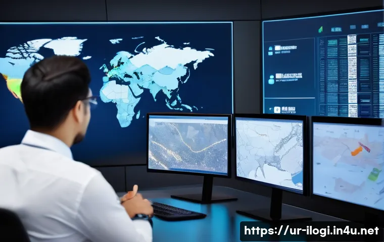국제물류사에게 필요한 IT 기술 - A high-tech international logistics control room scene showing a diverse team of professionals monit...