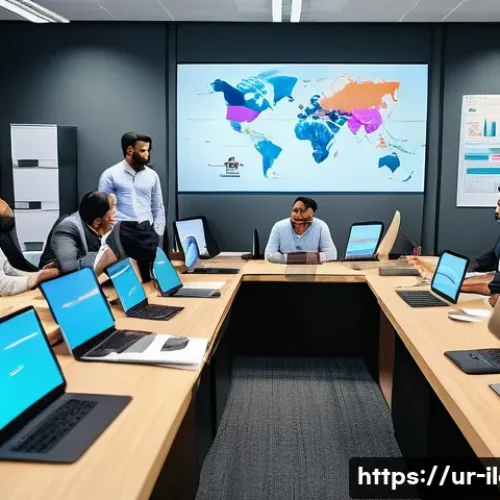 Home 33 국제물류 프로세스의 이해 - A detailed, vibrant office scene showing a diverse group of international logistics professionals en...