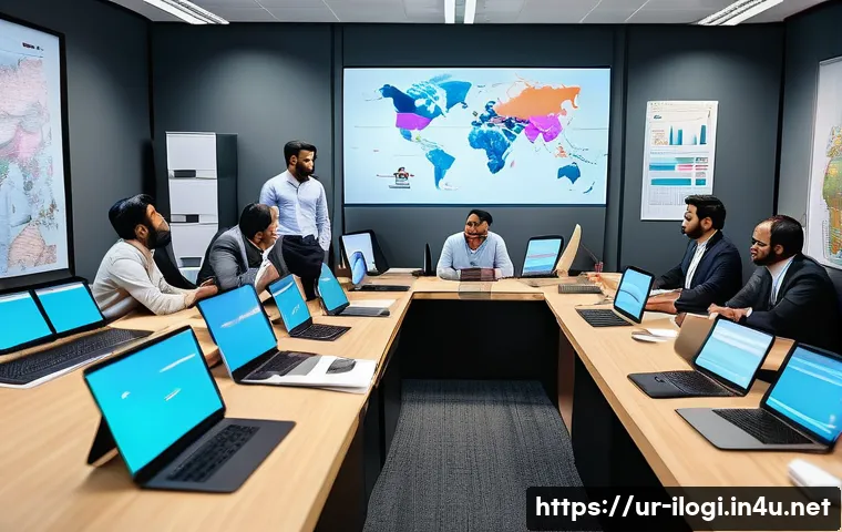 국제물류 프로세스의 이해 - A detailed, vibrant office scene showing a diverse group of international logistics professionals en...