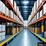 Home 18 국제물류사와 로봇 자동화 기술의 융합 - A modern international warehouse scene showcasing automated robotic forklifts actively moving packag...
