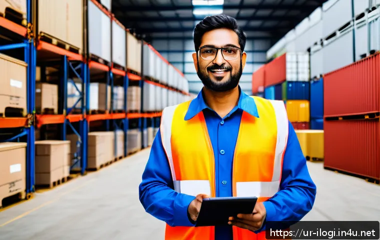 국제물류사 자격증 취득 과정 - A professional South Asian man in formal business attire standing confidently in a modern logistics ...