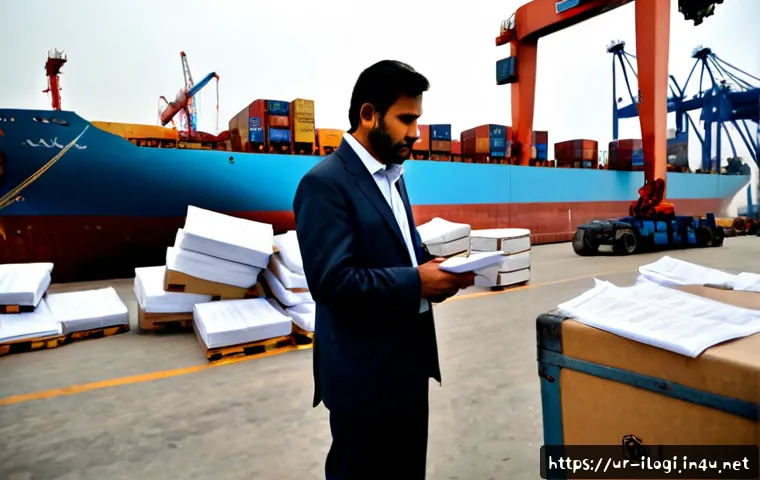 Home 17 국제물류사가 직면하는 일반적인 문제 - Photorealistic international logistics disruption at Karachi seaport, a Pakistani freight manager in...